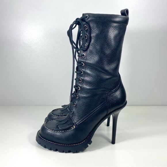 Tory Burch Trigg Black Pebbled Leather Mid Calf Rugged Stilleto Kiltie Boots 8.5 - Picture 2 of 16